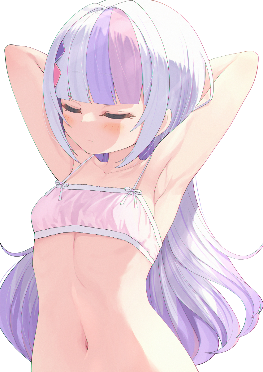 1girl, absurdres, armpits, arms_behind_head, arms_up, blunt_bangs, blush, bra, breasts, closed_eyes, closed_mouth, commentary_request, eyelashes, gradient_hair, hair_ornament, highres, hololive, kage_(ka_9e_4su), long_hair, multicolored_hair, murasaki_shion, murasaki_shion_(magical_girl_maid), navel, pink_bra, purple_hair, shadow, shiny_skin, sidelocks, silver_hair, simple_background, small_breasts, solo, stomach, streaked_hair, underwear, upper_body, virtual_youtuber, white_background