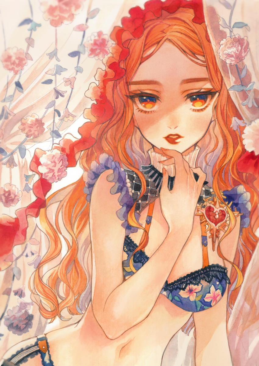 1girl, absurdres, bra, colored_inner_hair, curtains, floral_print, flower, frills