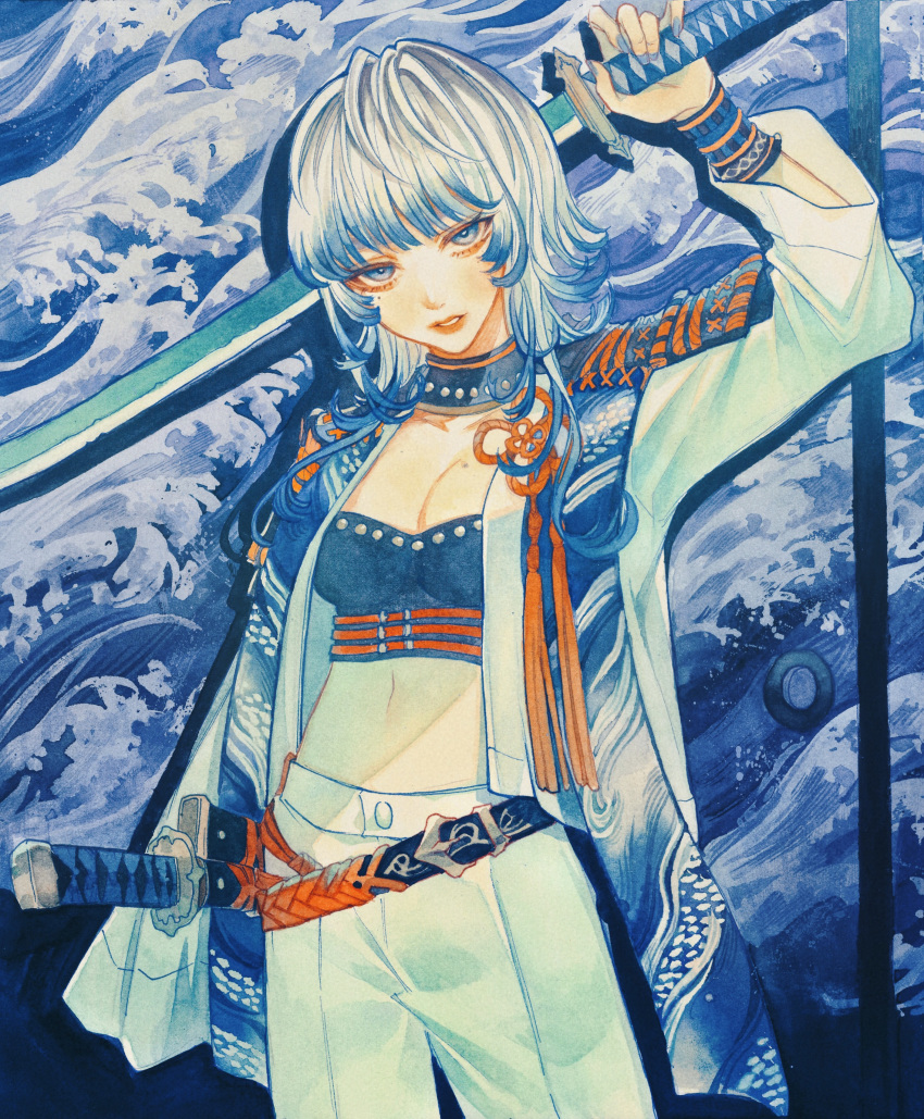 1girl, absurdres, armor, arms_up, blue_eyes, blue_hair, blue_nails, blue_theme