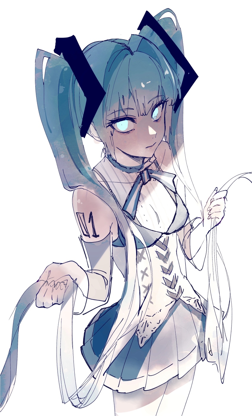 1girl, absurdres, alternate_costume, aqua_eyes, aqua_hair, blue_theme, detached_sleeves, expressionless