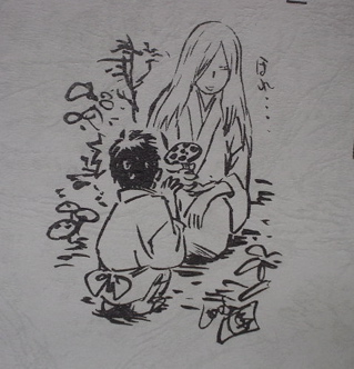 1boy, 1girl, ginko_(mushishi), greyscale, long_hair, lowres, monochrome, mushishi