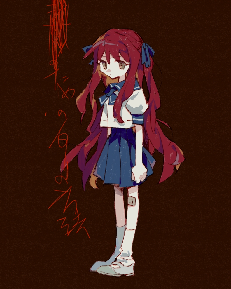 1girl, bandage_on_knee, bandages, blue_ribbon, blue_sailor_collar, blue_skirt, expressionless, full_body