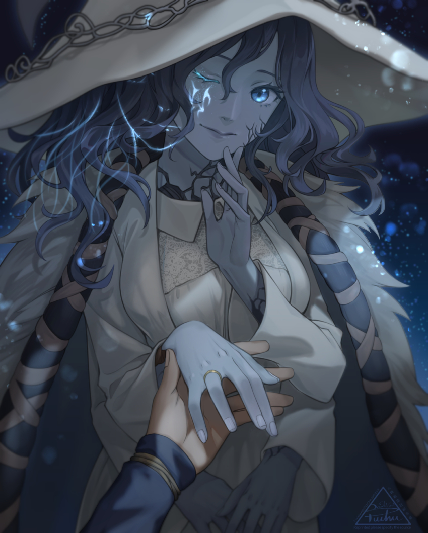 1girl, 1other, ambiguous_gender, blue_eyes, blue_hair, blue_lips, blue_skin, cloak, closed_mouth, coat, colored_skin, commentary_request, cracked_skin, dress, elden_ring, extra_arms, extra_faces, facial_tattoo, fur_cloak, fur_coat, fur_trim, glowing, glowing_tattoo, hat, highres, holding_hands, jewelry, lips, long_hair, long_sleeves, looking_at_viewer, magic, one_eye_closed, out_of_frame, own_hands_together, pov, pov_hands, puchu_huang, ranni_the_witch, ring, smile, spoilers, tarnished_(elden_ring), tattoo, wavy_hair, wedding_band, white_dress, white_headwear, witch, witch_hat