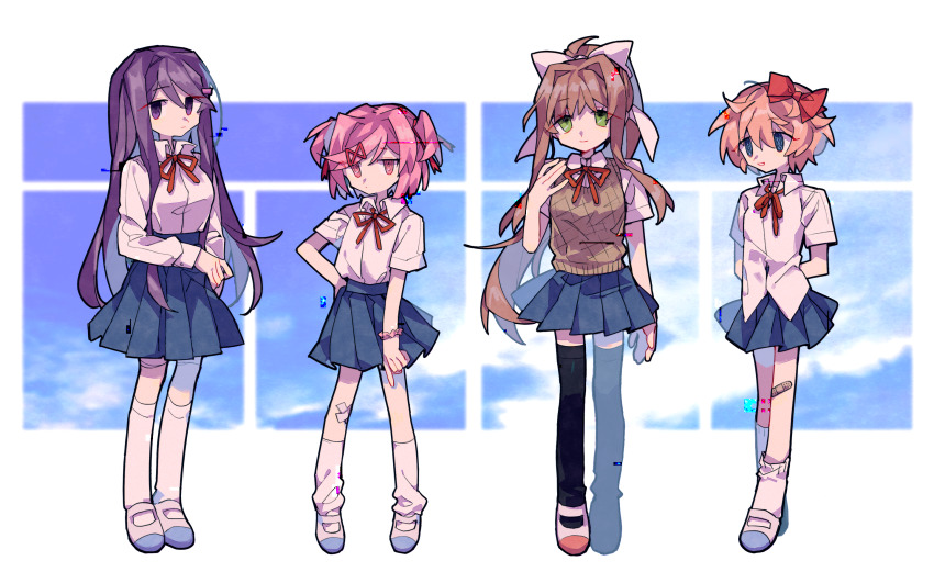 4girls, arms_behind_back, bandage_on_knee, bandages, black_legwear, blue_eyes, blue_skirt, brown_hair, closed_mouth, collared_shirt, doki_doki_literature_club, glitch, green_eyes, hair_ornament, hair_ribbon, hairclip, highres, katasu_yasumi, long_hair, long_sleeves, monika_(doki_doki_literature_club), multiple_girls, natsuki_(doki_doki_literature_club), open_mouth, orange_hair, pink_eyes, pink_hair, pleated_skirt, ponytail, purple_eyes, purple_hair, red_ribbon, ribbon, sayori_(doki_doki_literature_club), school_uniform, shirt, shirt_tucked_in, short_hair, skirt, sleeve_cuffs, smile, socks, standing, twintails, untucked_shirt, very_long_hair, white_legwear, white_ribbon, white_shirt, yuri_(doki_doki_literature_club)