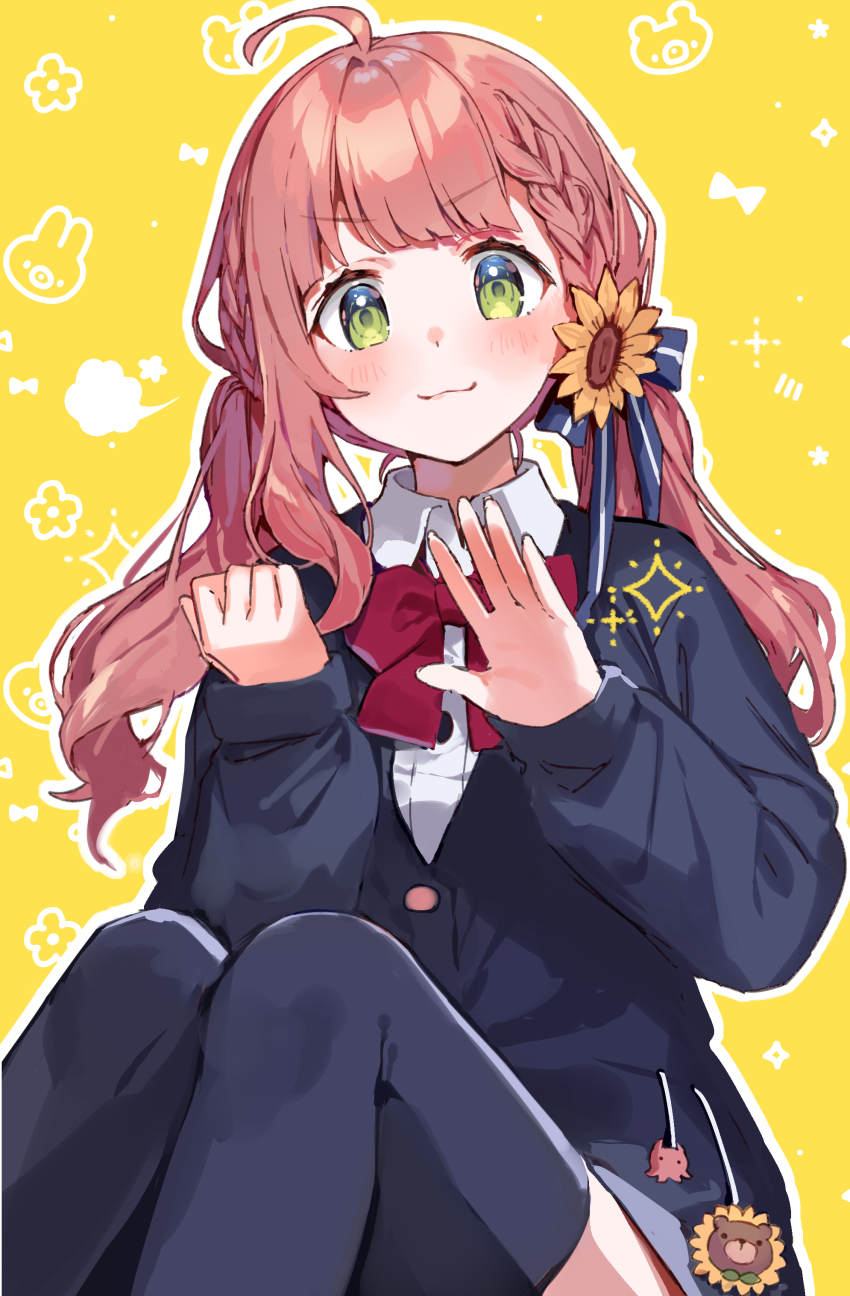 >:), 1girl, :3, absurdres, ahoge, blazer, blue_jacket, blue_ribbon, blue_thighhighs, blunt_bangs, blush, bow, bowtie, braid, brown_hair, clenched_hand, closed_mouth, collared_shirt, flower, green_eyes, hair_flower, hair_ornament, hair_ribbon, highres, honma_himawari, honma_himawari_(2nd_costume), jacket, long_hair, looking_at_viewer, nijisanji, red_bow, ribbon, school_uniform, shirt, sitting, smile, solo, sunflower, sunflower_hair_ornament, thighhighs, twintails, v-shaped_eyebrows, virtual_youtuber, white_shirt, yellow_background, yumesaki_nana