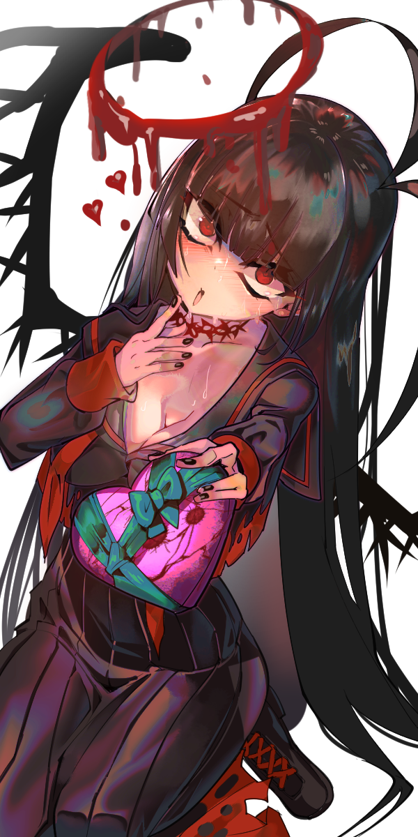 1girl, black_boots, black_hair, black_nails, black_shirt, black_skirt, blue_archive, boots