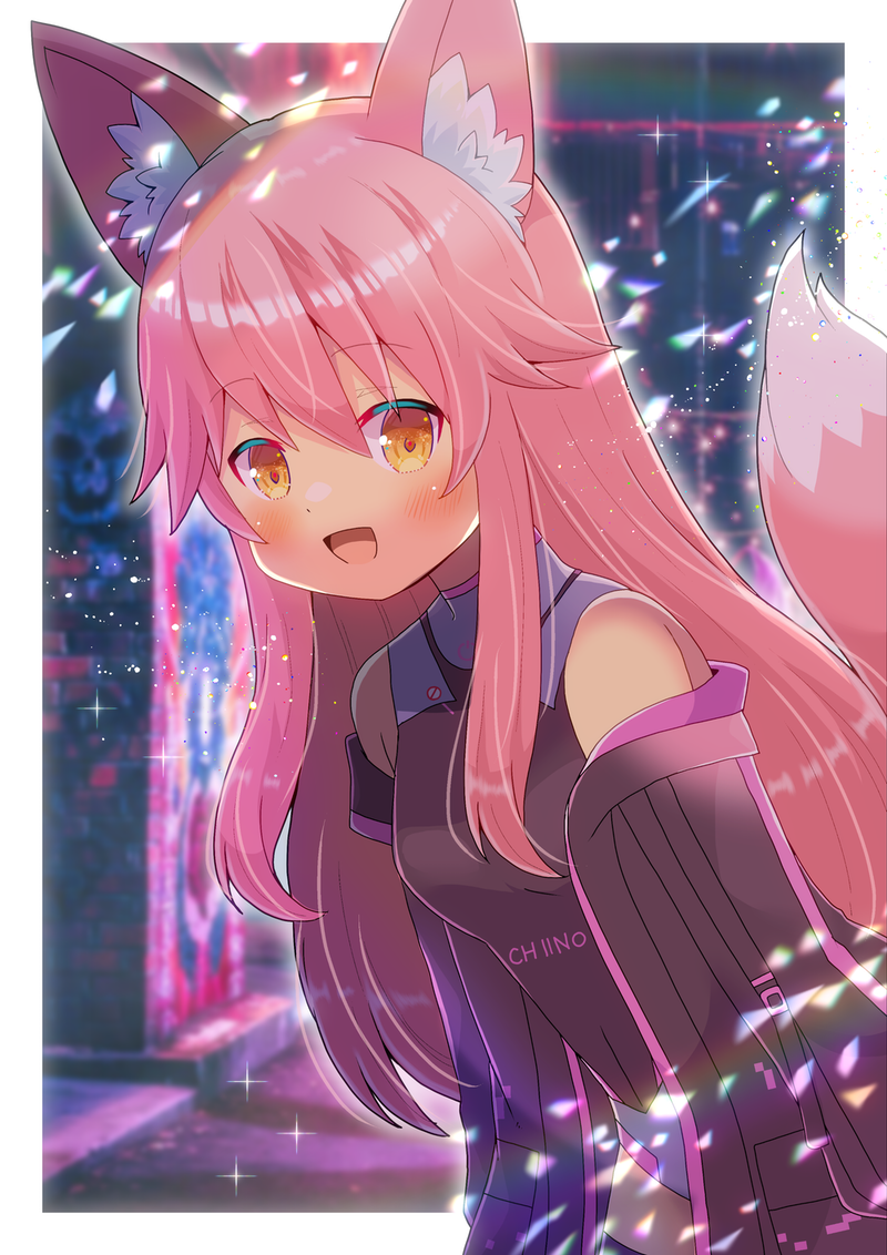 1girl, animal_ears, blush, chiino_(vtuber), fox_ears, fox_girl, fox_tail, grey_jacket