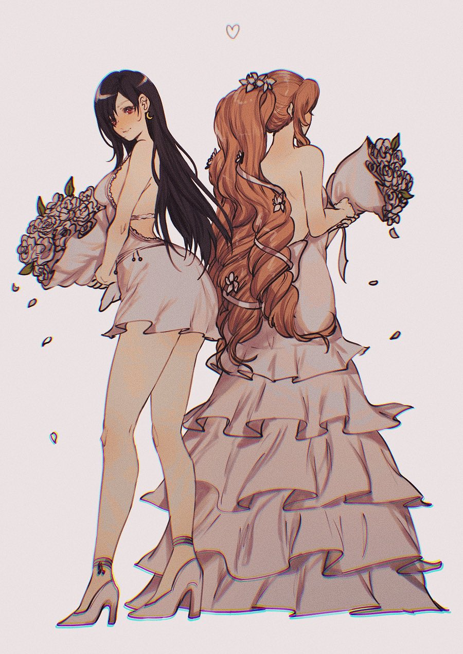 2girls, aerith_gainsborough, alternate_costume, back-to-back, backless_dress, backless_outfit, black_hair, bouquet