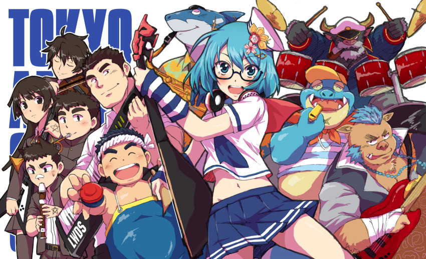 2girls, 6+boys, ahab_(housamo), anamori_eita, animal_ears, aqua_hair, beads, belly, benten_(housamo), biwa_lute, black_eyes, black_hair, blue_eyes, blue_hair, blush, bow_(music), brown_hair, cherry_blossoms, closed_eyes, collared_shirt, cow_ears, cow_horns, crocodilian, drum, drumsticks, electric_guitar, fat, fat_man, flute, ganglie_(housamo), glasses, gloves, guitar, hachimaki, hair_ornament, hat, hat_over_one_eye, headband, headphones, headphones_around_neck, height_difference, highres, holding, holding_drumsticks, horns, instrument, jewelry, long_hair, looking_at_viewer, lute_(instrument), makara_(housamo), medium_hair, midriff_peek, minotaur, multiple_boys, multiple_girls, muscular, muscular_male, navel, neckerchief, necklace, open_mouth, pectoral_cleavage, pectorals, piano, pig_boy, pig_ears, pleated_skirt, protagonist_1_(housamo), protagonist_2_(housamo), protagonist_3_(housamo), protagonist_4_(housamo), protagonist_5_(housamo), recorder, reptile_boy, sailor_collar, saxophone, scar, scar_on_chin, scar_on_face, school_uniform, serafuku, shark_boy, shark_fin, shigetashigezo, shirt, short_hair, skirt, smile, striped_clothes, striped_gloves, striped_shirt, thick_eyebrows, thighs, tokyo_houkago_summoners, trumpet, typhon_(housamo), violin, whistle, white_background