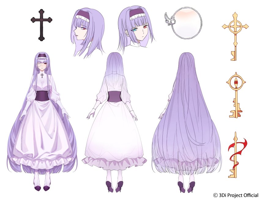 1girl, 3di_project, absurdres, blue_eyes, boots, breasts, reference_sheet, dress, hairband, heterochromia, high_heels, highres, key, large_breasts, light_purple_hair, long_hair, long_sleeves, marcheline, official_art, puffy_long_sleeves, puffy_sleeves, red_eyes, rigu_(3di), very_long_hair, virtual_youtuber, white_background, white_dress
