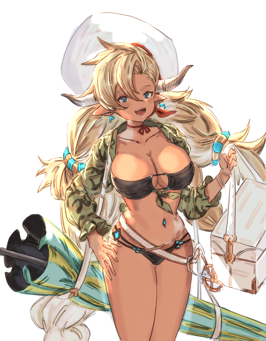 1girl, :d, almeida_(granblue_fantasy), bag, beach_umbrella, beret, bikini, black_bikini, blonde_hair, breasts, choker, cleavage, cleavage_cutout, clothing_cutout, collarbone, collared_shirt, commentary, cowboy_shot, dark-skinned_female, dark_skin, dolphin_earrings, draph, earrings, granblue_fantasy, green_shirt, hair_between_eyes, hand_on_own_hip, hand_up, hat, highres, holding, holding_bag, horns, jewelry, large_breasts, long_hair, long_sleeves, looking_at_viewer, low_twintails, midriff, mou_pl, navel, navel_piercing, official_alternate_costume, open_mouth, piercing, pointy_ears, red_choker, ribbon_choker, shirt, sidelocks, simple_background, smile, solo, standing, swimsuit, teeth, tied_shirt, twintails, umbrella, very_long_hair, white_background, white_hat, wrist_wrap