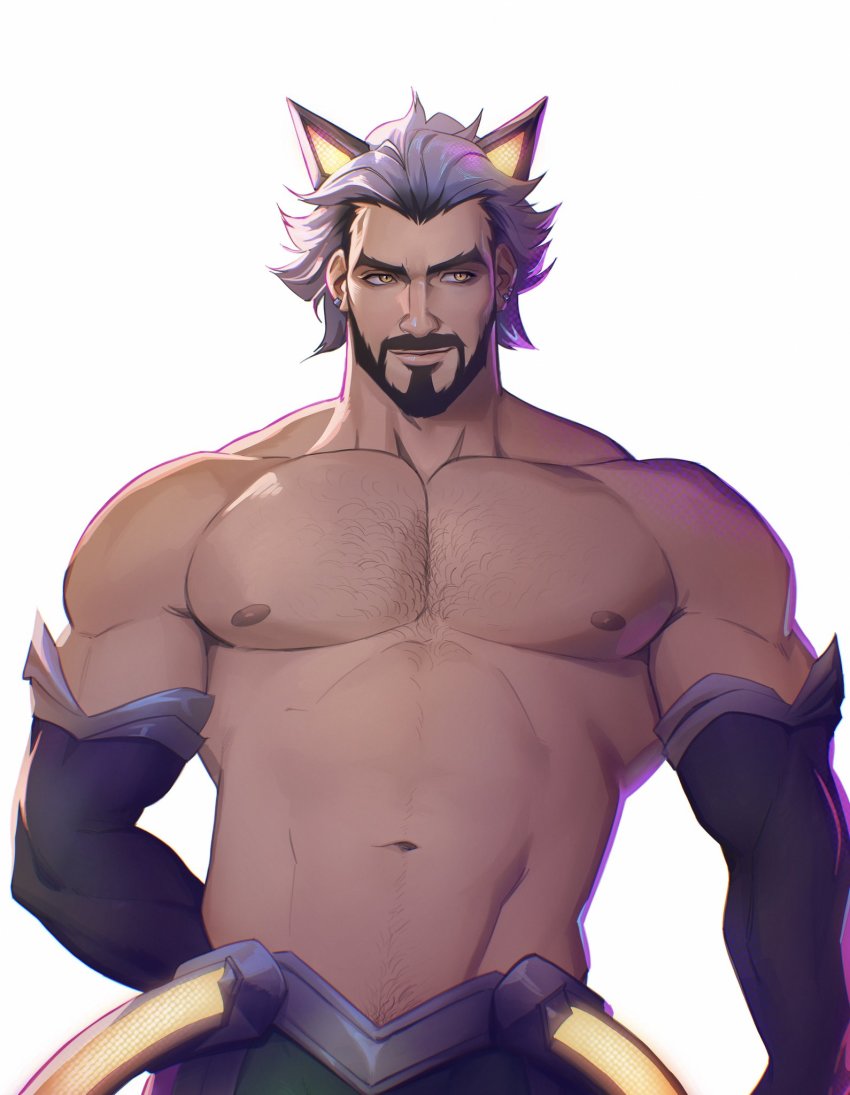1boy, animal_ears, bara, bare_pectorals, battle_wolf_sylas, beard, biceps, black_hair, broad_shoulders, cat_ears, chest_hair, ear_piercing, earrings, elbow_gloves, facial_hair, gloves, hairy, highres, jewelry, league_of_legends, looking_to_the_side, male_focus, manly, mature_male, muscular, muscular_arms, navel, navel_hair, nipples, official_alternate_costume, pectoral_cleavage, pectorals, piercing, seupil_hyugo_(spirohugo), smile, solo, sylas_(league_of_legends), topless_male, white_hair, yellow_eyes