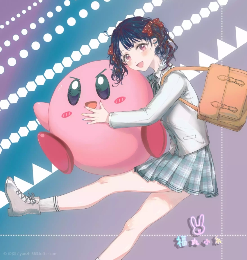 1girl, bag, black_hair, black_ribbon, blazer, boots, commentary_request, fang