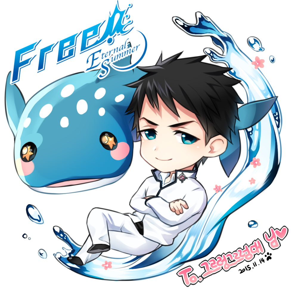1boy, black_hair, blackkdogg, blue_eyes, blue_whale, chibi, closed_mouth, crossed_arms