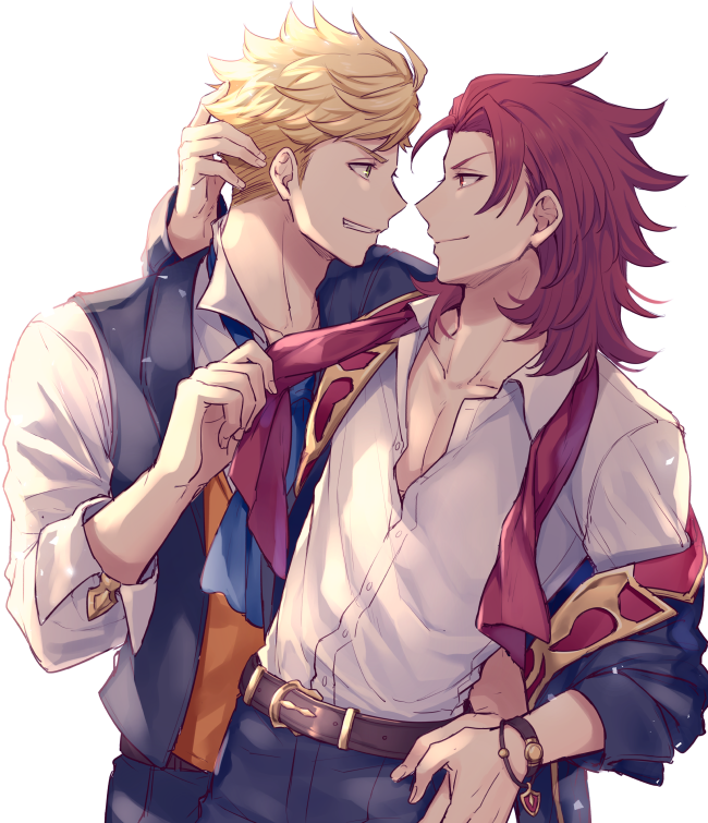 2boys, belt, black_pants, black_vest, blonde_hair, bracelet, brown_belt, closed_mouth