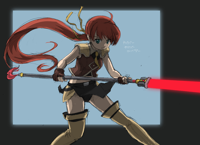 00s, bad_id, bad_pixiv_id, margot_(seiken_no_blacksmith), polearm, ponytail, red_hair, rohitsuka