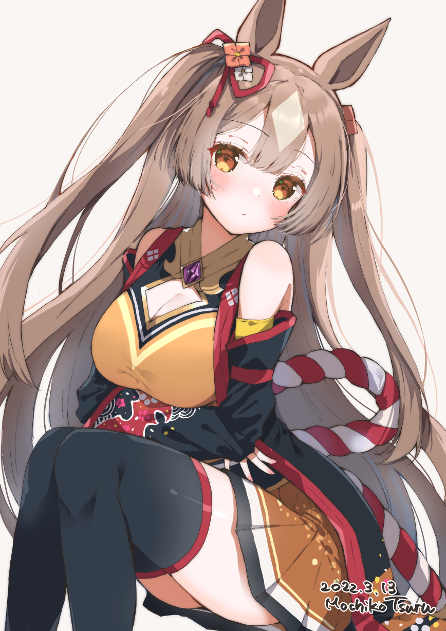 alternate_costume, artist_name, black_thighhighs, blush, breasts, brown_hair, cleavage, cosplay