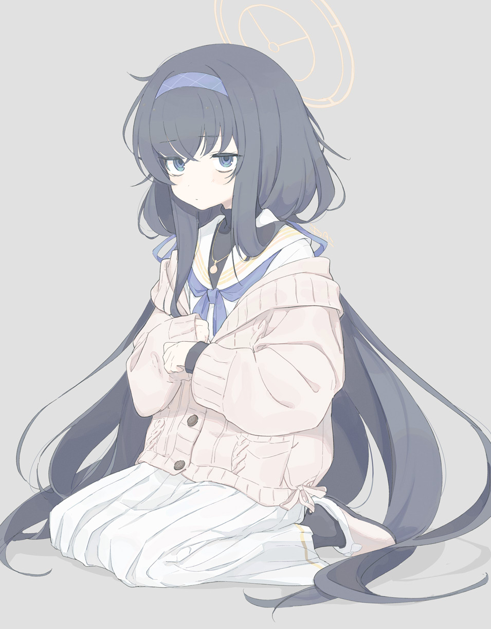 1girl, black_hair, black_legwear, blue_archive, blue_eyes, blue_hairband, blue_neckerchief, blue_ribbon