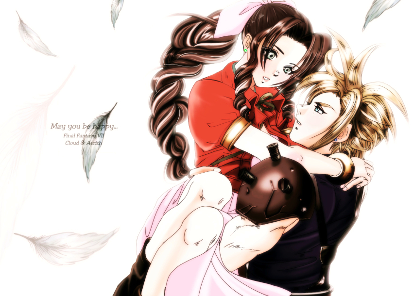 1boy, 1girl, 2000s_(style), aerith_gainsborough, armor, arms_around_neck, belt, blonde_hair