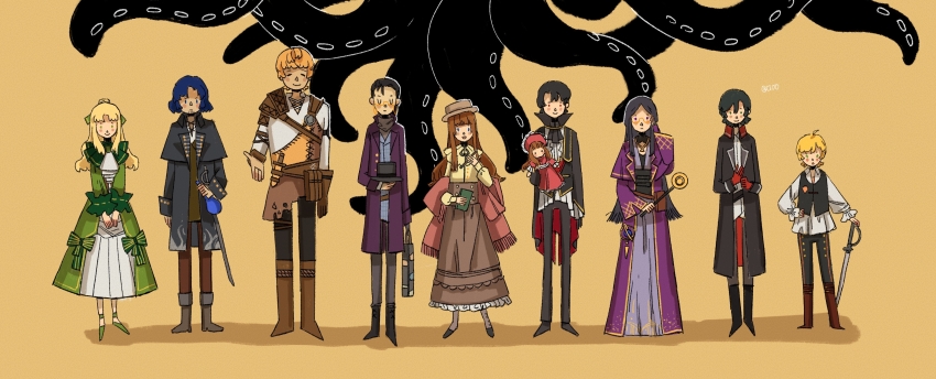 4girls, 6+boys, absurdres, adjusting_eyewear, alger_wilson, audrey_hall, beard, black_footwear