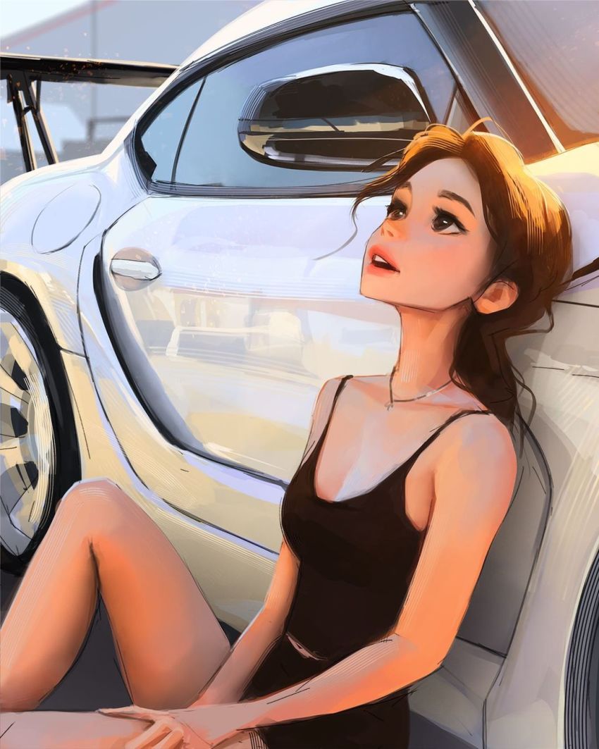 1girl, bare_arms, bare_legs, bare_shoulders, breasts, brown_eyes, brown_hair, car