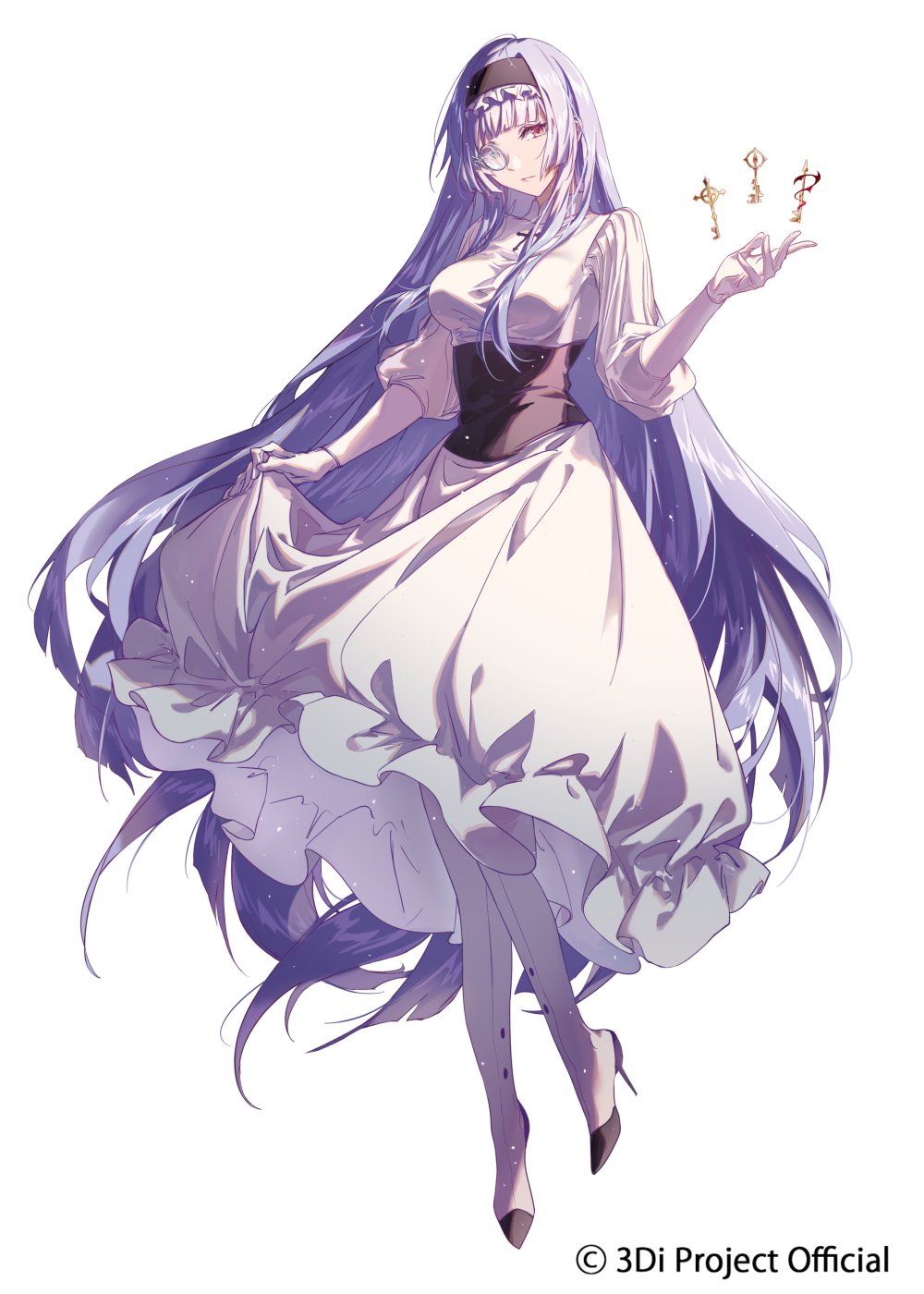 1girl, 3di_project, blunt_bangs, cicirelrel, closed_mouth, clothes_lift, dress, dress_lift, hairband, heterochromia, highres, holding_own_dress, key, light_purple_hair, long_hair, long_sleeves, marcheline, official_art, puffy_long_sleeves, puffy_sleeves, red_eyes, solo, very_long_hair, virtual_youtuber, white_dress