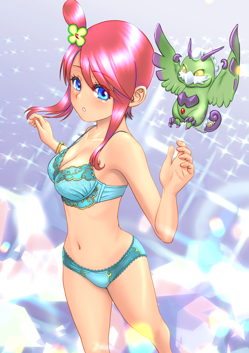1girl, absurdres, bare_arms, blue_bra, blue_eyes, blue_panties, bra, bracelet