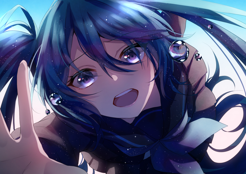 1girl, aryuma772, black_sailor_collar, black_serafuku, black_shirt, blue_eyes, blue_hair, collared_shirt