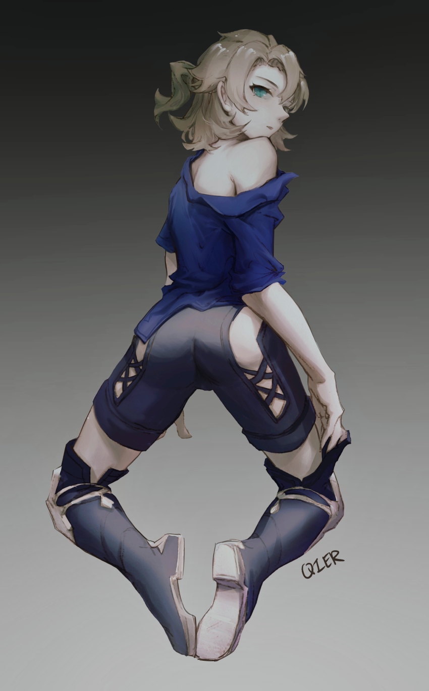 1boy, absurdres, albedo_(genshin_impact), androgynous, ass_cutout, bent_over, blonde_hair, blue_shirt, boots, clothing_cutout, from_behind, genshin_impact, gradient_background, green_eyes, grey_background, grey_boots, grey_shorts, hair_intakes, highres, kneeling, looking_at_viewer, looking_back, male_focus, off_shoulder, parted_lips, qier-mope, shirt, short_hair, shorts, solo, thigh_boots, thighhighs, trap