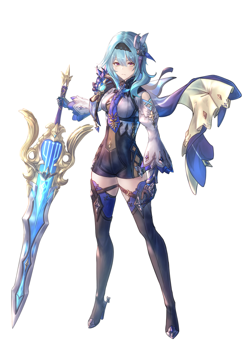 1girl, absurdres, black_gloves, black_hairband, black_thighhighs, blue_necktie, bodysuit, boots, breasts, butterfly_hair_ornament, closed_mouth, clothing_cutout, eula_(genshin_impact), full_body, genshin_impact, gloves, hair_between_eyes, hair_ornament, hairband, high_heels, highres, holding, holding_sword, holding_weapon, huge_weapon, large_breasts, long_hair, long_sleeves, looking_at_viewer, necktie, omotti, purple_eyes, shoulder_cutout, solo, song_of_broken_pines_(genshin_impact), sword, thigh_boots, thighhighs, thighhighs_under_boots, vision_(genshin_impact), weapon, white_background, wide_sleeves