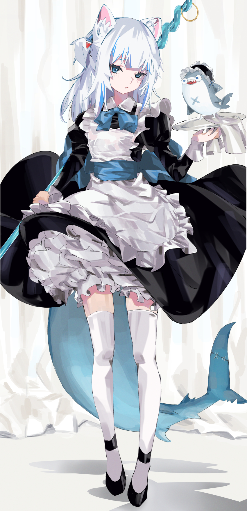1girl, absurdres, alternate_costume, animal_ears, apron, bine_kun, black_dress, black_footwear