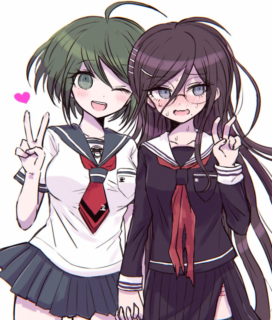 2girls, 8takenokonosato8, :d, ahoge, black_skirt, blush, breast_pocket, breasts, brown_hair, danganronpa_(series), danganronpa_another_episode:_ultra_despair_girls, embarrassed, fukawa_toko, hair_ornament, hairclip, hand_up, heart, holding_hands, large_breasts, long_hair, long_sleeves, miniskirt, multiple_girls, naegi_komaru, neckerchief, necktie, one_eye_closed, open_mouth, pocket, red_neckerchief, red_necktie, round_eyewear, sailor_collar, school_uniform, serafuku, shirt, short_sleeves, simple_background, skirt, small_breasts, smile, teeth, torn_clothes, torn_neckerchief, upper_teeth_only, very_long_hair, white_background, white_sailor_collar, yuri