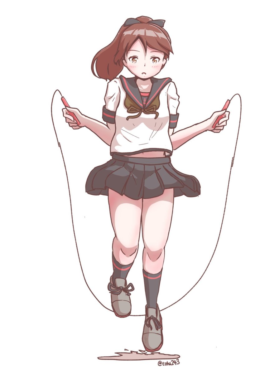 1girl, aaoi, anchor_symbol, black_legwear, black_ribbon, black_sailor_collar, black_skirt, brown_eyes