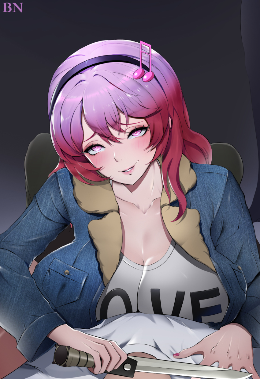 1boy, alternate_breast_size, bbuni, black_hairband, blush, breasts, cleavage, collarbone, danganronpa_(series), danganronpa_another, fortissimo, gradient_background, hair_between_eyes, hair_ornament, hairband, highres, holding, holding_knife, huge_breasts, jacket, knife, long_sleeves, musical_note, musical_note_hair_ornament, open_clothes, open_jacket, otonokoji_kanade, parted_lips, pink_eyes, shirt, smile, solo_focus, super_danganronpa_another_2, teeth, twintails, white_shirt