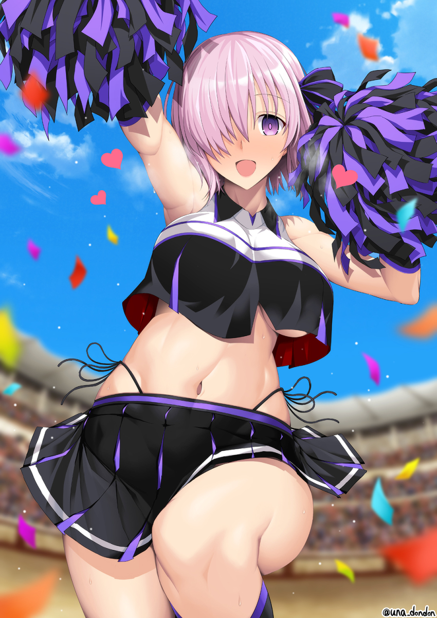 1girl, armpits, bare_shoulders, black_skirt, black_socks, breasts, brynhild_(cheer_for_master)_(fate), brynhild_(fate), brynhild_(fate)_(cosplay), cheerleader, cloud, colosseum, confetti, cosplay, craft_essence_(fate), crop_top, fate/grand_order, fate_(series), heart, highleg, highleg_panties, highres, knee_up, large_breasts, mash_kyrielight, midriff, navel, one_eye_covered, open_mouth, outdoors, panties, pleated_skirt, pom_pom_(cheerleading), purple_eyes, purple_hair, purple_skirt, short_hair, side-tie_panties, skirt, sky, sleeveless, socks, solo, twitter_username, two-tone_skirt, unadon, underboob, underwear