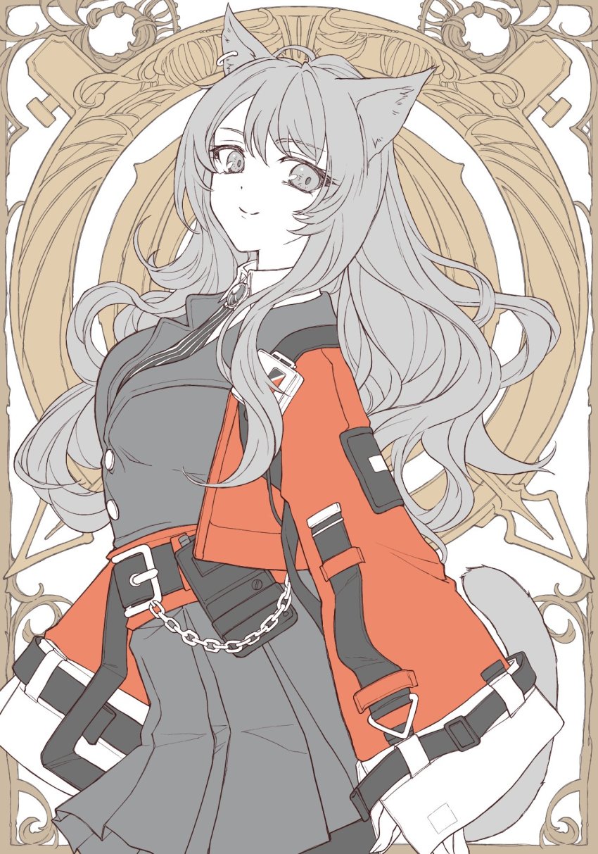 1girl, abstract_background, animal_ear_fluff, animal_ears, arknights, belt, belt_buckle, black_dress