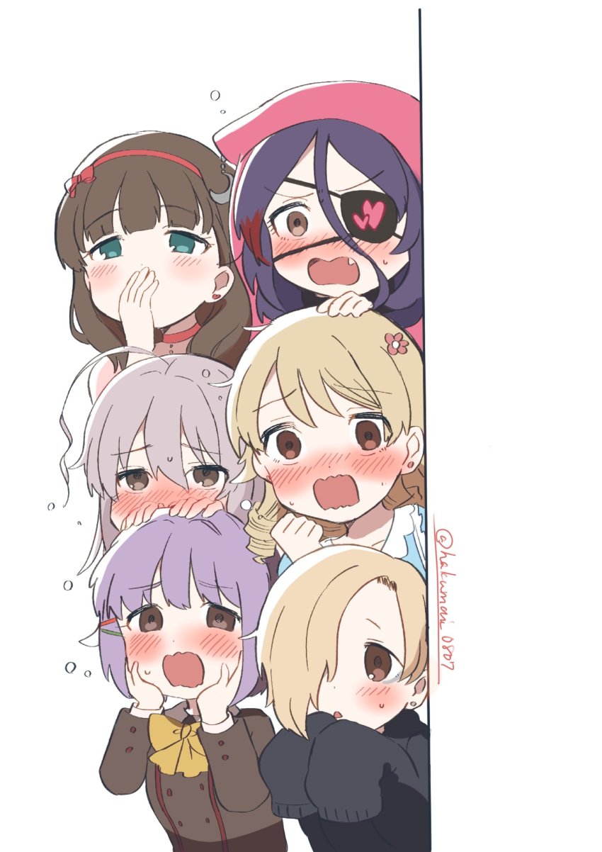 6+girls, blush, covering_own_mouth, earrings, fang, full-face_blush, hand_on_another's_head, hayasaka_mirei, highres, hoshi_syoko, idolmaster, idolmaster_cinderella_girls, jewelry, kawaii_boku_to_142's_(idolmaster), koshimizu_sachiko, looking_afar, morikubo_nono, multiple_girls, peeking, raru_buran, rectangular_mouth, sakuma_mayu, shirasaka_koume, stud_earrings, surprised, sweatdrop, upper_body, wavy_mouth, wide-eyed