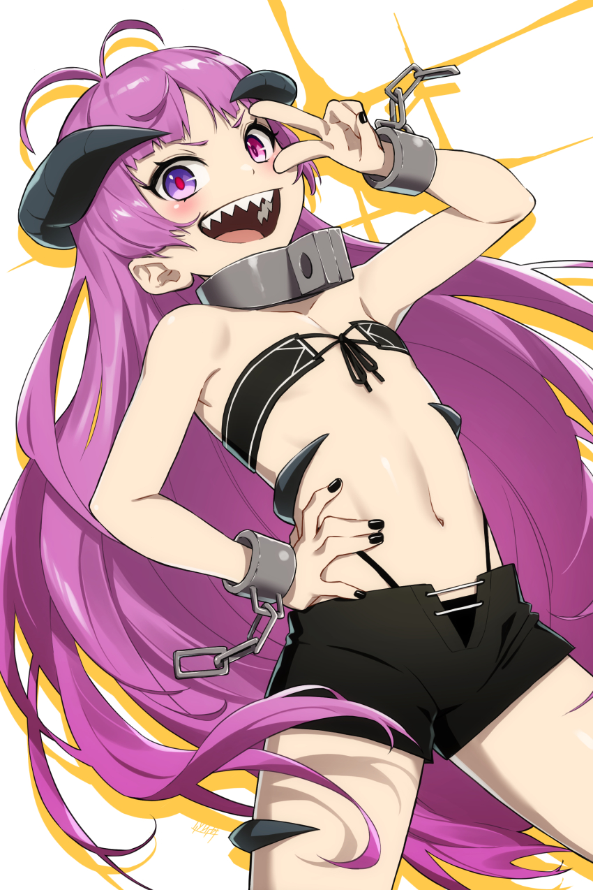 1girl, :d, absurdres, antenna_hair, bare_shoulders, black_horns, black_nails, black_panties