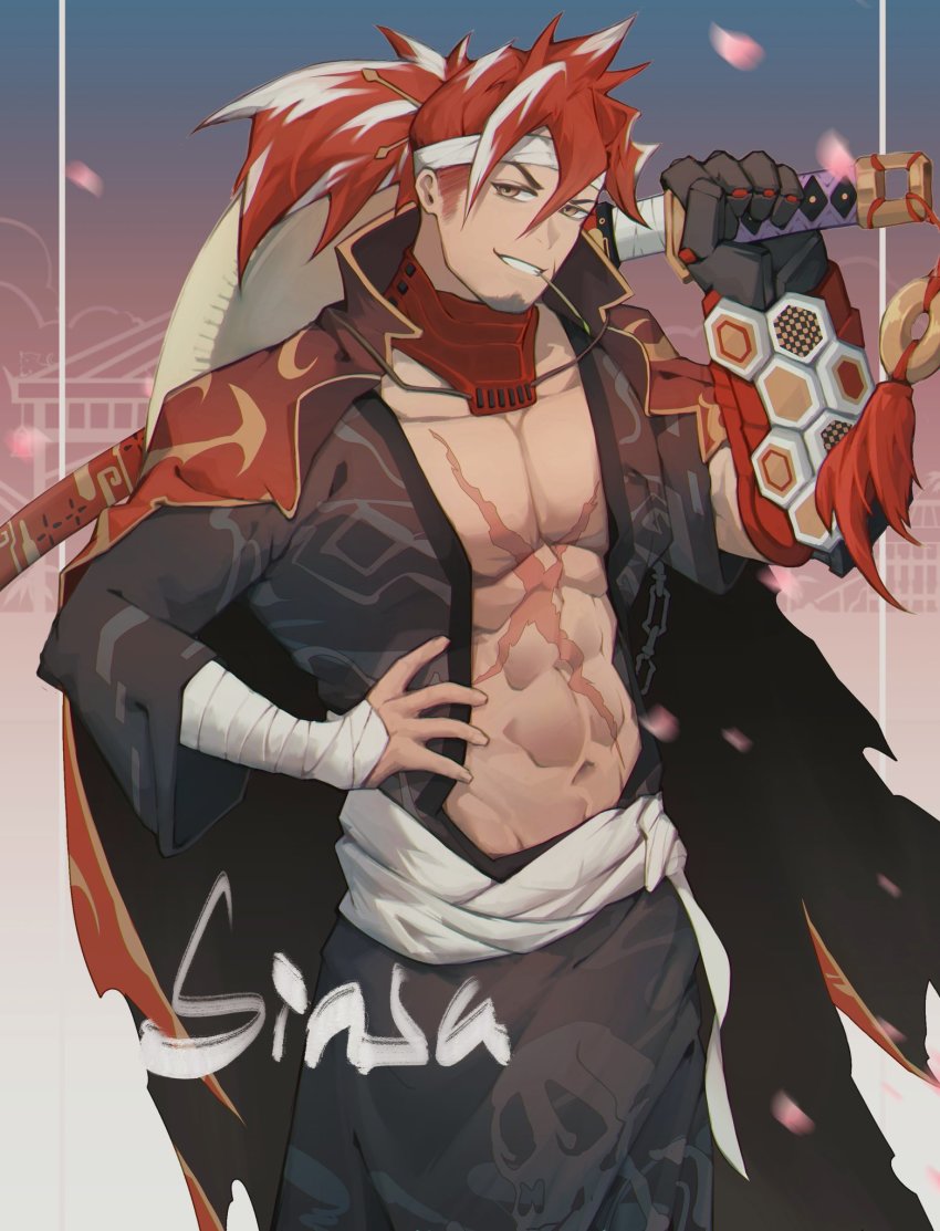 1boy, ahoge, alchemy_stars, bandages, black_hair, earrings, facial_hair, goatee