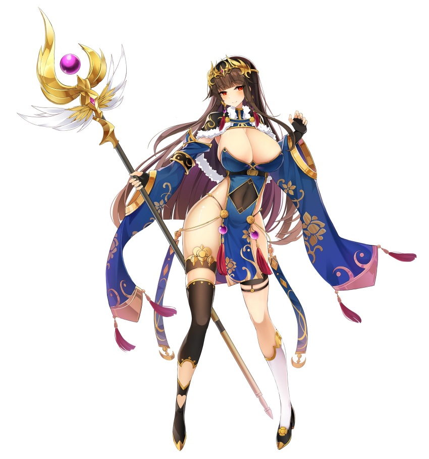 1girl, asymmetrical_legwear, breasts, brown_hair, cleavage, detached_sleeves, fingerless_gloves, gloves