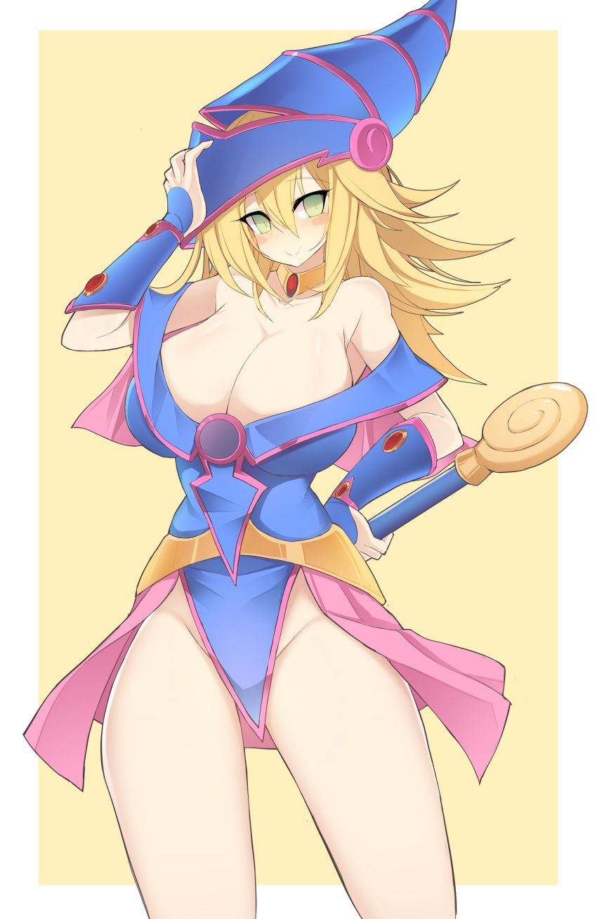 1girl, bare_shoulders, blonde_hair, blush, blush_stickers, breasts, choker, cleavage, dark_magician_girl, duel_monster, green_eyes, hand_on_own_hip, hat, highres, large_breasts, long_hair, pigat, smile, solo, wand, wizard_hat, yu-gi-oh!