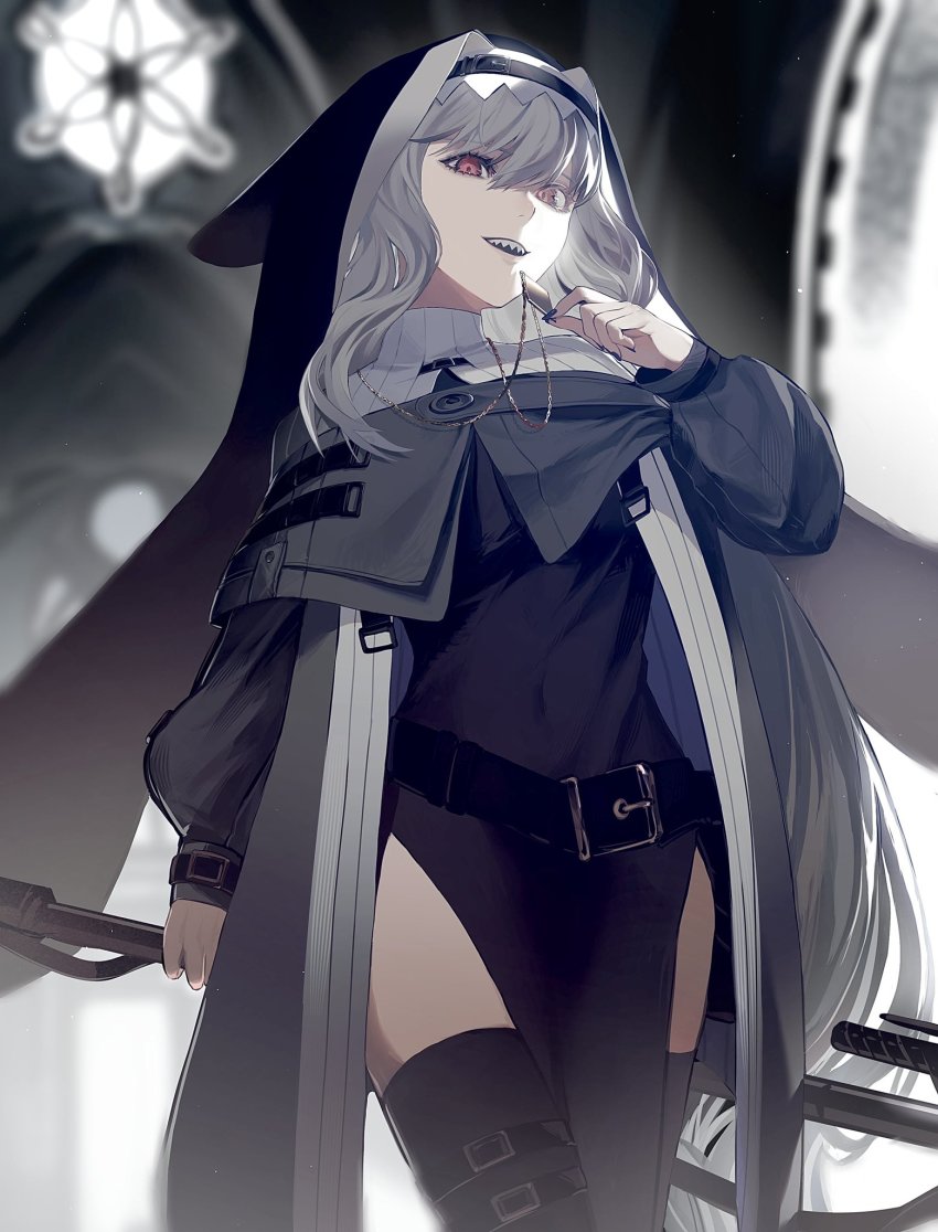 1girl, arknights, belt, black_belt, black_coat, black_dress, black_headwear, blurry
