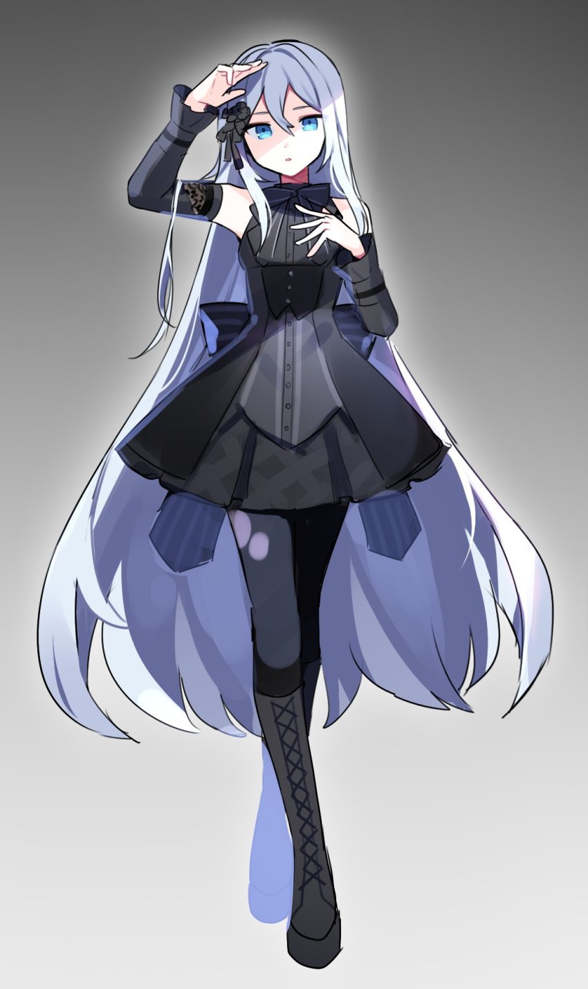1girl, black_boots, black_dress, black_legwear, blue_eyes, boots, bow, detached_sleeves, dress, full_body, goth_fashion, gradient_background, grey_background, hair_ornament, highres, itsuka_zetsubou_no_soko_kara_(project_sekai), long_hair, project_sekai, solo, very_long_hair, waka_(wk4444), white_background, white_hair, yoisaki_kanade