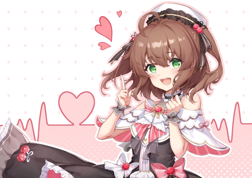 1girl, :d, ahoge, bare_shoulders, beret, black_dress, blush, bow