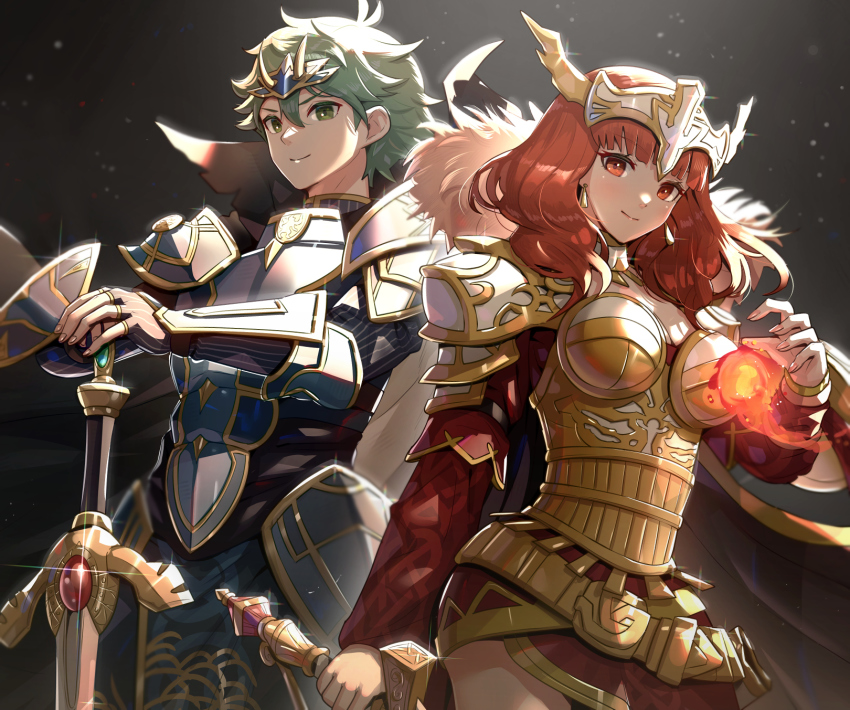 1boy, 1girl, alm_(fire_emblem), alm_(saint-king)_(fire_emblem), alternate_costume, armor, boobplate, breastplate