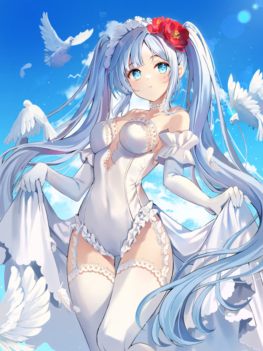 1girl, absurdres, auro_drm, bird, blue_eyes, blush, breasts, choker