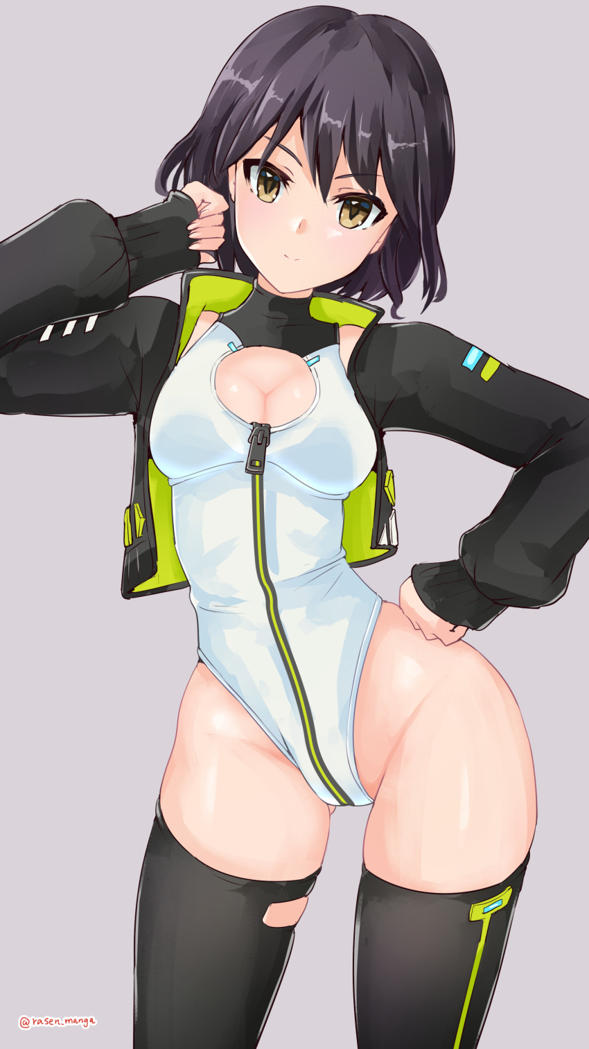 1girl, absurdres, alice_gear_aegis, black_hair, black_jacket, black_thighhighs, booth_babe, breasts