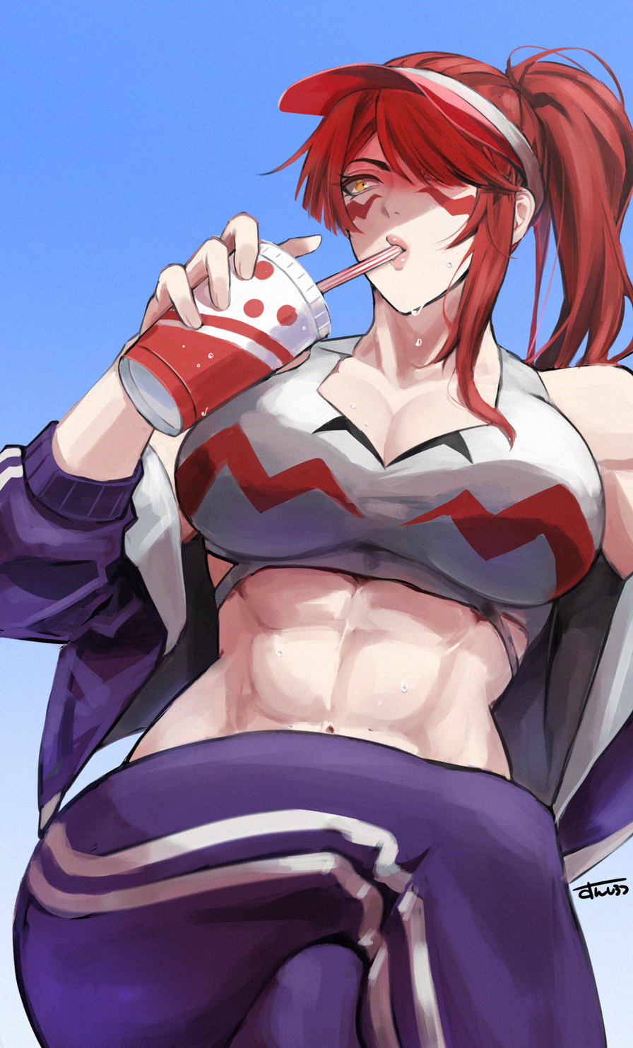 1girl, abs, bare_shoulders, breasts, cleavage, cup, drinking_straw, feet_out_of_frame