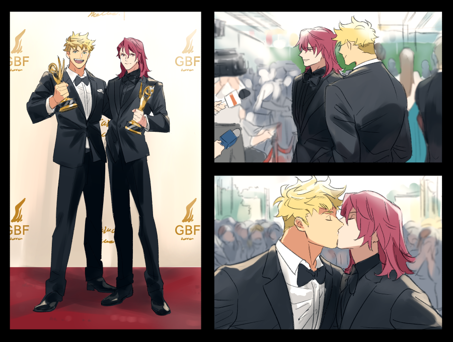 2boys, black_jacket, black_pants, black_shirt, black_suit, blonde_hair, bow, bowtie, closed_eyes, closed_mouth, formal_clothes, granblue_fantasy, green_eyes, holding, holding_trophy, jacket, male_focus, multiple_boys, open_mouth, pants, percival_(granblue_fantasy), red_eyes, red_hair, shirt, short_hair, suit, traditional_bowtie, trophy, undercut, vane_(granblue_fantasy), white_shirt, yaoi, yotsuban