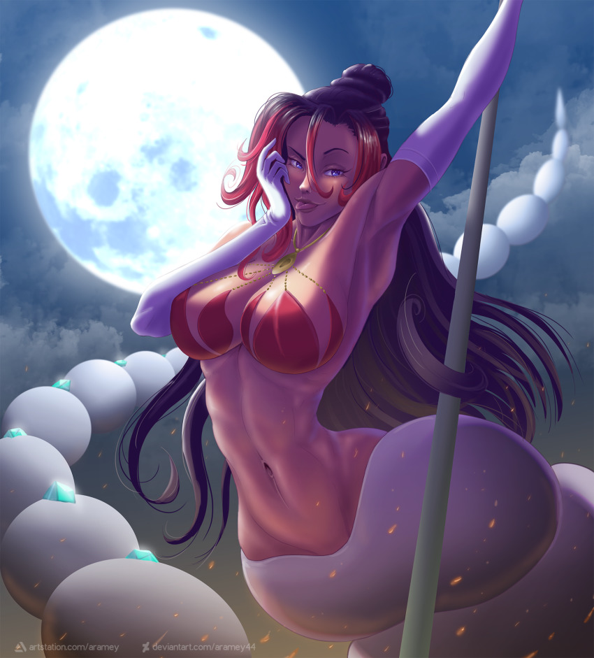 1girl, :p, abs, aramey, arm_up, armpits, bare_shoulders, bikini, bikini_top_only, black_hair, blue_eyes, breasts, cloud, cloudy_sky, collarbone, commentary, dark-skinned_female, dark_skin, elbow_gloves, full_moon, gloves, groin, hair_between_eyes, hair_bun, halterneck, hand_on_own_cheek, hand_on_own_face, highres, holding, holding_pole, kono_subarashii_sekai_ni_shukufuku_wo!, kono_subarashii_sekai_ni_shukufuku_wo!:_kurenai_densetsu, lamia, large_breasts, long_hair, looking_at_viewer, monster_girl, moon, multicolored_hair, navel, night, outdoors, pole, red_bikini, red_hair, sidelocks, single_hair_bun, sky, smile, solo, spoilers, stomach, swimsuit, sylvia_(konosuba), tongue, tongue_out, watermark, web_address, white_gloves